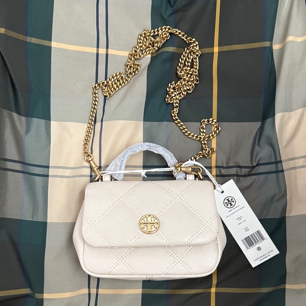 Tory Burch Cream Quilted Leather Chain Crossbody xtra long adjustable chain NWT